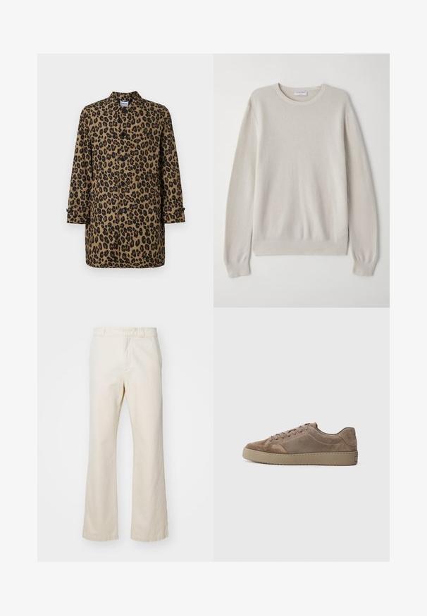 Manteau en imprimé léopard marron et noir avec une fermeture à boutons, un col pointu et des manches longues, présentant des poignets avec des accents de boutons.; Pull beige clair en tricot doux. Col rond, manches longues, poignets côtelés et ourlet avec un subtil détail de texture.; Pantalons en coton beige à coupe droite, dotés d'une fermeture éclair et d'un bouton à l'avant, d'une texture lisse et d'un style minimaliste.; Baskets low-top en suede marron avec semelle en caoutchouc plate, fermeture lacée et détails de couture, présentées de côté sur un fond uni.