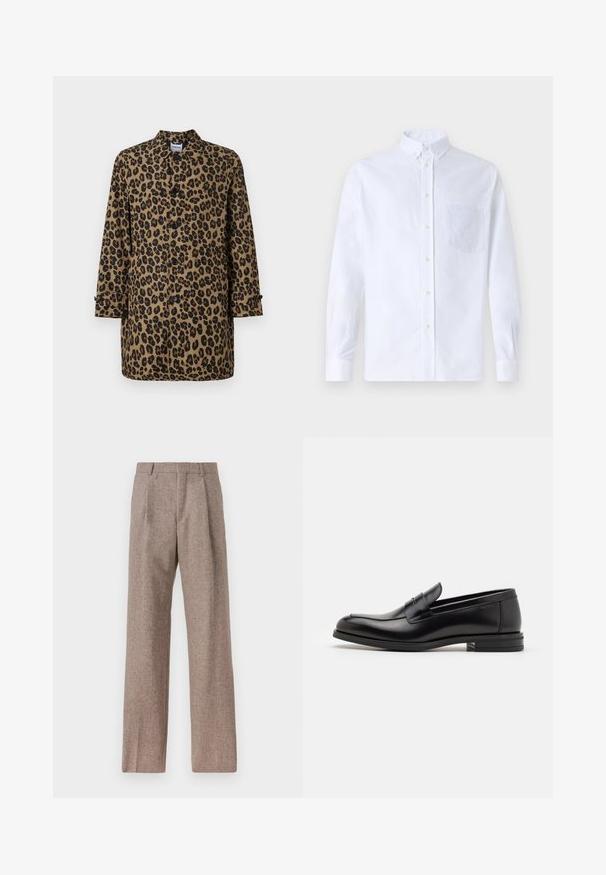 Płaszcz w wzór panterki w odcieniach brązu i czerni z guzikowym zapięciem, spiczastym kołnierzem oraz długimi rękawami, z mankietami ozdobionymi guzikami.; Biała koszula z długim rękawem na guziki, wykonana z bawełny, z kieszonką na piersi z tonowym haftem, kołnierzykiem i zapięciem na guziki przy mankietach.; Brązowe, wysokiej talii spodnie wykonane z teksturowanej tkaniny. Posiadają szerokie nogawki i dwa przednie zakładki dla lepszej struktury. Starannie wykończone, bez widocznych elementów metalowych.; Czarne skórzane mokasyny o gładkiej fakturze, zaokrąglonym nosku i dekoracyjnym pasku na przodzie. Niski, warstwowy obcas, minimalistyczny design.