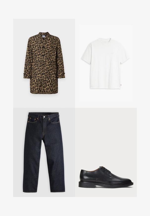 Kabát s leopardím potiskem v hnědé a černé barvě, s předním zapínáním na knoflíky, špičatým límcem a dlouhými rukávy, které mají manžety s knoflíkovými detaily.; Bílé bavlněné tričko s krátkými rukávy, kulatým výstřihem a jemným logem "Levi's" tištěným světle barvou na přední straně.; Tmavomodré džíny z denimu se straight střihem, pěti kapsami, kontrastním oranžovým šitím a knoflíkovým zapínáním. Žádné viditelné vzory ani ozdoby.; Černé kožené společenské boty s kulatou špičkou, šněrováním a nízkým podpatkem. Hladký povrch s minimálním šitím.