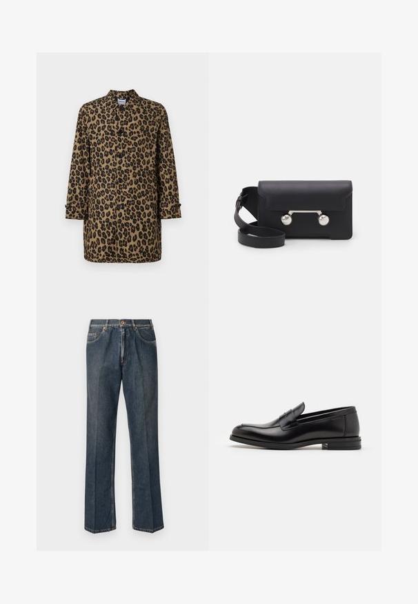 Kabát s leopardským vzorom v hnedej a čiernej farbe, s predným zapínaním na gombíky, špicatým golierom a dlhými rukávmi, ktorý má manžety s gombíkovými detailmi.; Námornícky modré tričko s krátkym rukávom, biely nápis "ani vo sne" umiestnený na strede hrude, okrúhly výstrih, stredná veľkosť.; Tmavomodré rovné džínsy s predným gombíkom, zipsom, dvojitými prednými vreckami a viditeľnými vertikálnymi pukmi pozdĺž nohavíc.; Čierne kožené mokasíny s hladkou textúrou, zaoblenou špičkou a dekoračným pásikom cez priehlavok. Nízky vrstvený opätok, minimalistický dizajn.; Čierna kožená crossbody taška s klopovým uzáverom, strieborné nity a dve okrúhle ozdoby. Obsahuje odnímateľný popruh. Hladký povrch.