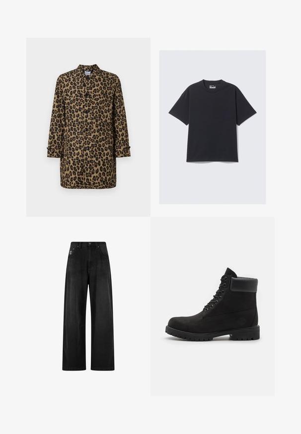 Leopardmönstrad kappa i brunt och svart med knappstängning, spetsig krage och långa ärmar, med manschetter som har knappr accent.; Svart bomull T-shirt med klassisk rund hals, korta ärmar och avslappnad passform. Slät yta med minimala sömmar.; Vida svarta jeansbyxor med hög midja och vida ben, med fyra fickor och ett litet logotek på framsidan. Slät textur, enkel design.; Svart snörkänga med vadderad krage och slitstark sula, visad i profil mot en vit bakgrund.