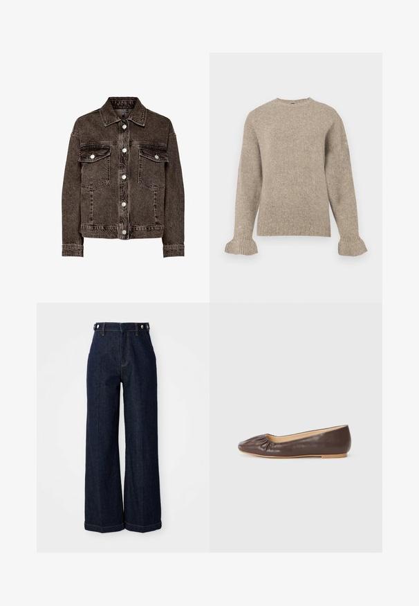 Brown denim jacket with a collar, two chest pockets, and silver snap buttons. Features a soft texture and a classic cut with long sleeves.; Beige knitted sweater with a crew neck, ribbed texture, long sleeves, and flared cuffs. Simple design without embellishments.; Dark blue wide-leg jeans made from denim, featuring a high waist, five-pocket design, and contrasting orange stitching.; Brown leather ballet flat with a rounded toe, gathered detailing at the front, and a flat, light-colored sole.