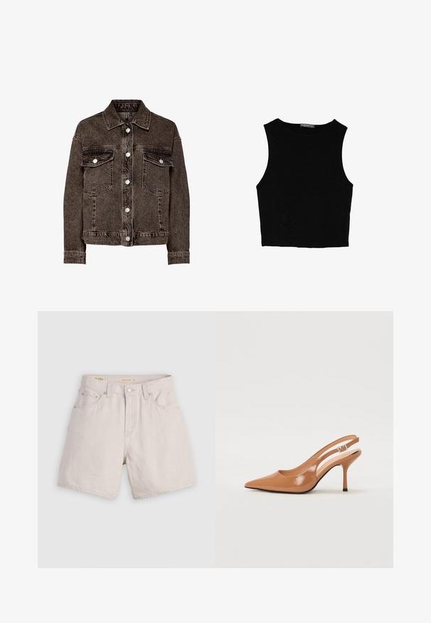 Hnědá džínová bunda s límcem, dvěma náprsními kapsami a stříbrnými patentními knoflíky. Má měkkou strukturu a klasický střih s dlouhými rukávy.; Černý bezsleeve crop top vyrobený z hladké tkaniny, s kulatým výstřihem a čistým, jednoduchým designem bez vzorů nebo kovových doplňků.; Beige denim šortky s vysokým pasem, zapínáním na knoflíky, poutky na pásek a pěti kapsami; lehké s hladkým povrchem.; Sandy poprsko s úzkým podpatkem v hladkém, lesklém odstínu tan. Obsahuje zakřivený design s výřezem a štíhlý jehlový podpatek. Detail se stříbrnou sponou.