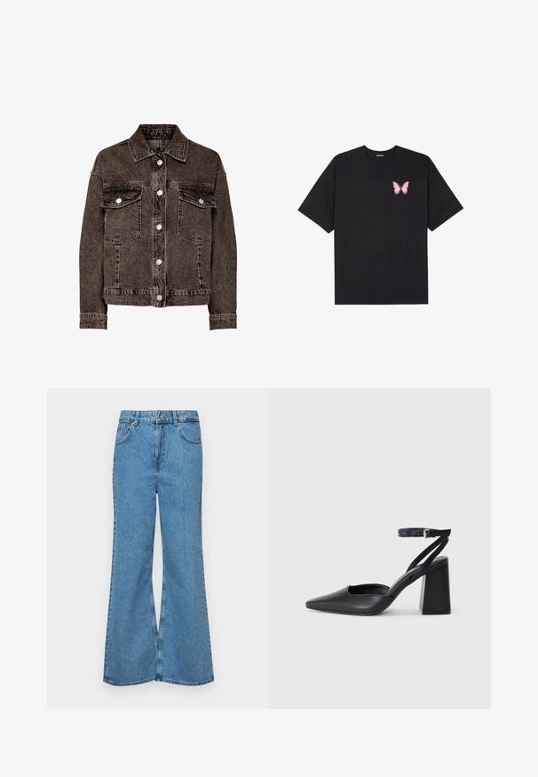 Rjava denim jakna s ovratnikom, dvema žepoma na prsih in srebrnimi gumbi na pritiskanje. Ima mehak teksturo in klasičen kroj z dolgimi rokavi.; Črna bombažna majica s kratkimi rokavi, ki ima majhen roza metuljček na levi strani prsnega dela. Majica s krožnim ovratnikom in sproščenim krojem.; Svetlo modri razširjeni džins hlače iz denima, z visokim pasom, petimi žepi in enim gumbom za zapiranje. Mehka tekstura z blagim zbledelim videzom.; Črne usnjene klasične čevlje z ostrim nosom, z zaponko za gleženj in debelim peto. Ravna tekstura, eleganten dizajn in minimalistična estetika.