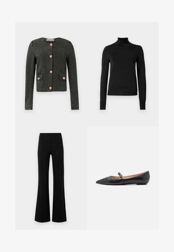 Tamsiai pilkas ilgomis rankovėmis švarkas su aukso dekoratyviniais mygtukais priekyje ir ant dirbtinių kišenių, apvaliu iškirpimu ir prigludusia aliejaus.; Juoda ilgomis rankovėmis turtleneko tipo megztinis su rebruotomis rankovėmis ir apačia, eksponuojamas ant paprasto balto fono.; Juodos plačios kelnės su aukštu liemeniu, pagamintos iš tamprios medžiagos. Priekinėje dalyje yra vertikalūs siūlų akcentai ir lygus paviršius.; Juodos odinės baleto bateliai su smailiu pirštu ir šoniniu dirželiu, papuoštu apvaliu auksiniu akcentu. Lengvi su plokščiu padu.