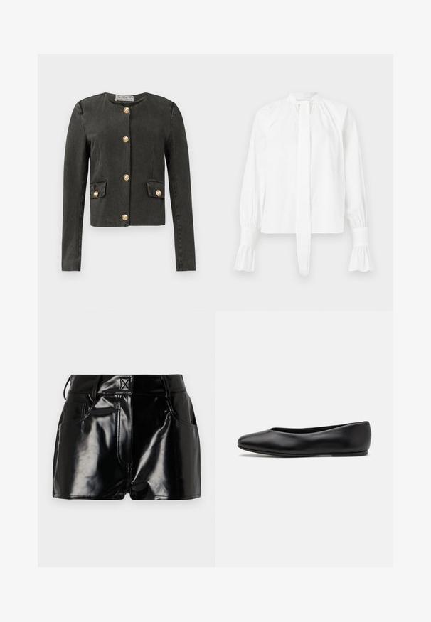 Dunkelgraue Langarmjacke mit goldenen dekorativen Knöpfen an der Vorderseite und an den falschen Klappentaschen, runder Ausschnitt und taillierter Schnitt.; Weiße Langarmbluse aus Baumwolle mit Stehkragen, Bindeband und gerafften Ärmelbündchen. Glatte Textur und minimalistisches Design.; Schwarze, glänzende Shorts aus synthetischem Material. Mit einem taillierten Bund, Gürtelschlaufen und vorderen Taschen mit auffälligen Nähdetails.; Paul Smith TOPANGA - Klassischer Ballerina - black