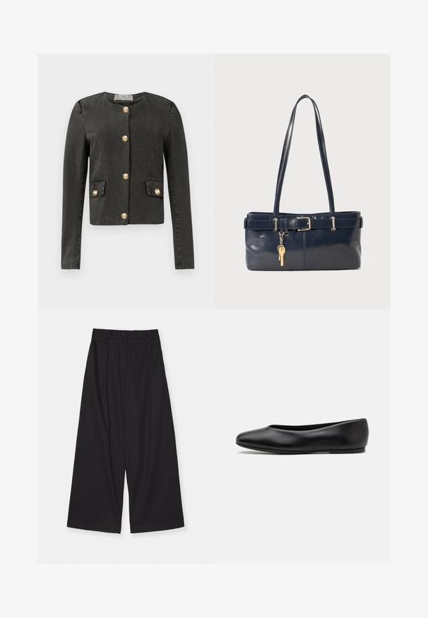 Dark gray long-sleeve jacket with gold decorative buttons down the front and on faux flap pockets, round neckline, and fitted cut.; Striped button-up shirt with a white base, featuring narrow multi-colored lines in blue, orange, and green. Long sleeves and a classic collar.; Black wide-leg trousers made of a smooth fabric, featuring a high waist, front pleats, a button closure, and a straight silhouette.; Paul Smith TOPANGA - Ballet pumps - black; Navy leather handbag with two long handles, a buckle detail, and a keychain attached. Features a smooth texture and a rectangular shape.