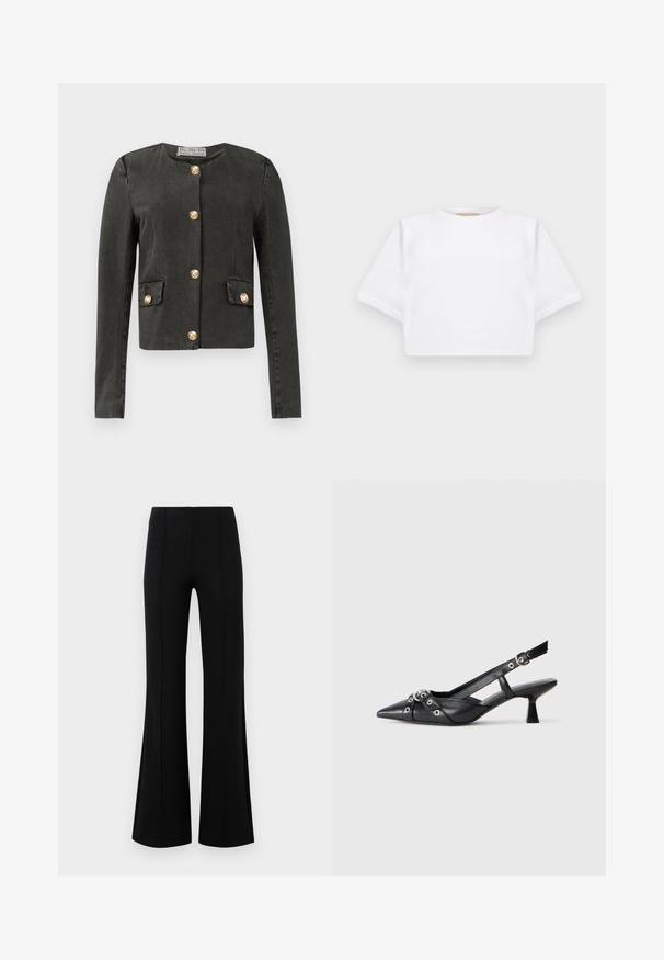 Tumedast hall pikaaheline jakk, millel on kuldsed dekoratiivnappid esiosas ja valeflap taskutes, ümmargune kaelus ja keha lähedale lõige.; Lühikeste varrukatega, pehmest kangast lõigatud valge T-särk, millel on ümar kaelus ja soonikuga ääred. Lihtne ja ilma kaunistusteta disain.; Mustad põlvpüksid kõrge vöökohaga, valmistatud venivast kangast. Esiküljel on vertikaalsed õmblusdetailid ja sile tekstuur.; Must must have must toote tõmblukuga, dekoratiivsed rihmad metallist silmadega ja madal blokk-kand. Tekstureeritud pind.