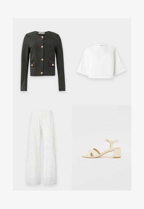 Donkergrijze lange mouwen jas met gouden decoratieve knopen aan de voorkant en op nep-flapzakken, ronde halslijn en getailleerde pasvorm.; Witte, cropped t-shirt met een relaxte pasvorm, korte brede mouwen, ronde halslijn en zijsplitten, gemaakt van zacht katoen.; Witte wijde broek met een elastische tailleband, voorzien van een textuur met een bloemig kantpatroon door de stof.; Beige gepolijst lederen sandalen met hakken, voorzien van een kruisbandontwerp, open teen, verstelbare enkelband en een blokhak. Gladde textuur.