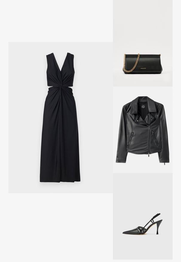 Crna faux kožna motoristička jakna sa širokim reverima, asimetričnim prednjim zatvaračem i dva zatvorena džepa. Glatka tekstura, prilagođen oblik.; Crna haljina bez rukava s dubokim V-izrezom, uvučenim prednjim dizajnom i laganom tkaninom. Suknja se spušta do poda.; Crne kožne cipele na visokom potpeticu s otvorenim potpeticama, šiljastim prstom, dizajnom s križnim trakama i tankim štiklama. Glatka tekstura i minimalni akcenti.; Crna kožna torbica sa zlatnim lančićem, koja se odlikuje glatkom teksturom, pravokutnim oblikom i utisnutim brendom na prednjoj strani.
