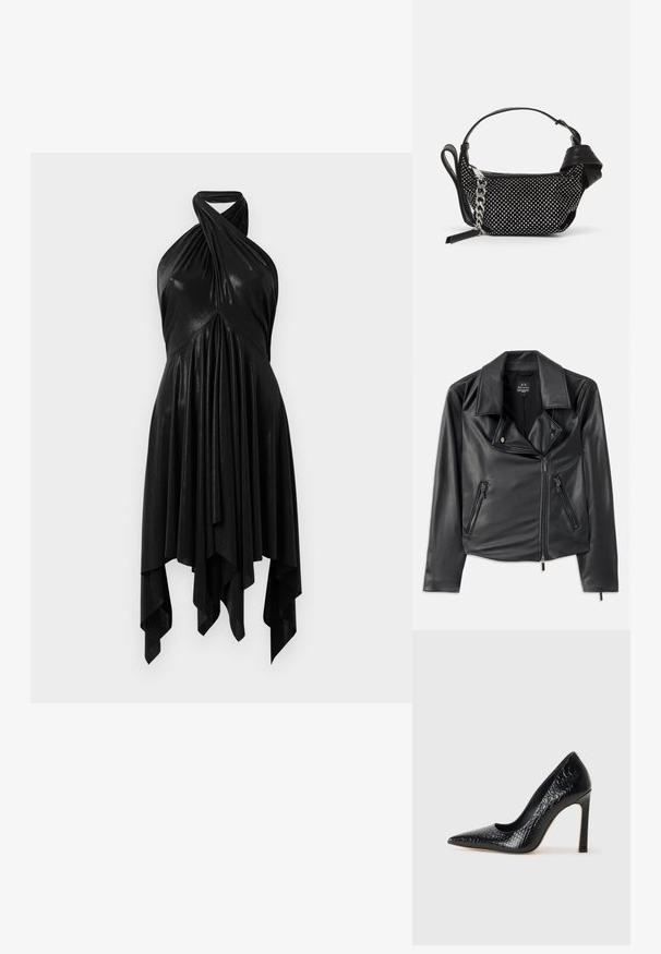 Veste de moto en simili cuir noir avec grands revers, zip asymétrique à l'avant et deux poches zippées. Texture lisse, coupe ajustée.; Robe noire à halter avec un design drapé. Fabriquée en matériau brillant, avec un col tordu et un ourlet asymétrique. Texture lisse.; Escarpin noir à bout pointu avec texture en cuir de crocodile, présentant un design élégant, un haut talon aiguille et un intérieur noir lisse.; Sac à main noir avec des embellissements cloutés, une bandoulière en chaîne et une poignée en cuir lisse, de forme arrondie et avec un compartiment zippé.