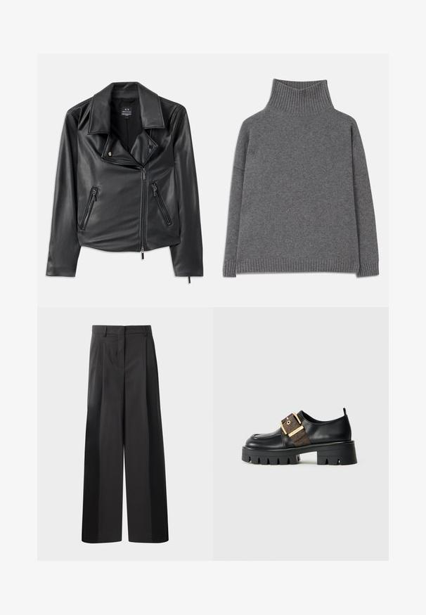 Svart faux skinn motorsykkeljakke med brede slag, asymmetrisk frontglidelås og to glidelåslommer. Glatt tekstur, tilpasset fasong.; Mørk grå ribbestrikket turtleneck genser med lange ermer og bred ribbestrikket hem og mansjetter, lagt flatt på en hvit bakgrunn.; Sorte vidde bukser med høy midje, med frontfolder, en glatt tekstur og en skreddersydd finish. Designet for en avslappet passform.; Svart lærsko med en kraftig såle, med et gullspenne og en teksturert brun aksent. Rund tå og minimalistisk design.