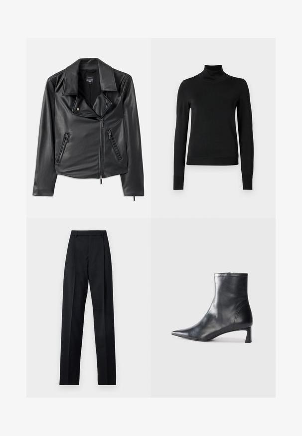 Svart konstlädermotorcykeljacka med breda slag, asymmetrisk framdragkedja och två fickor med dragkedja. Slät textur, figursydd form.; Svart långärmad polotröja med ribbade muddar och nederkant, visad mot en enkel vit bakgrund.; Svarta byxor i mjukt tyg med hög midja, vida ben, framfickor och klassiska bältesöglor. Inga sidofickor synliga.; Svart läder ankelboot med spetsig tå och en smidig design. Har en låg klack och en dragkedjestängning bak. Slät textur.