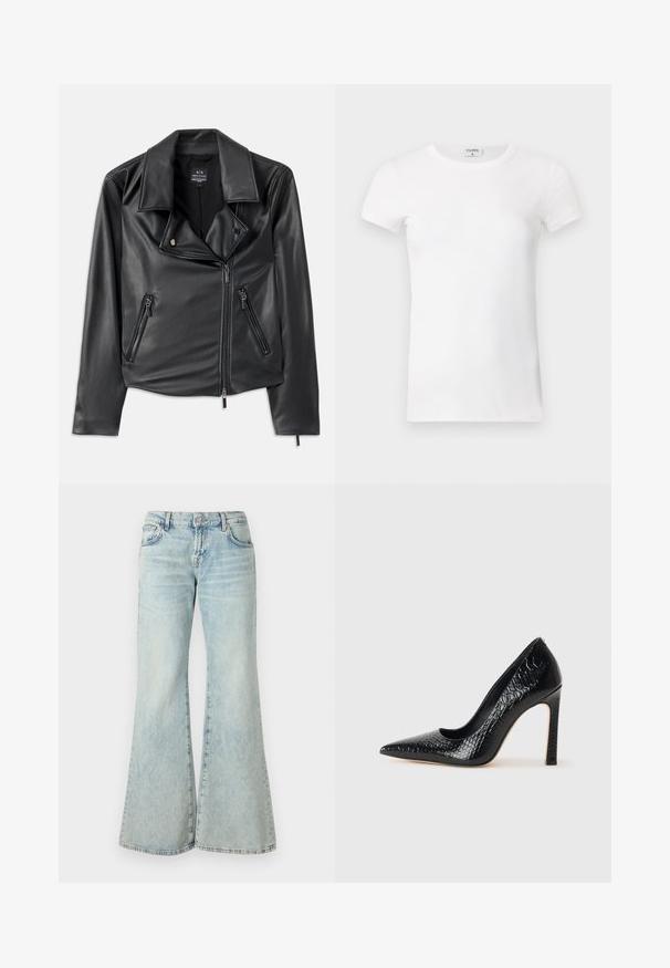 Black faux leather motorcycle jacket with wide lapels, asymmetrical front zipper, and two zippered pockets. Smooth texture, fitted shape.; White ribbed short-sleeve T-shirt with a crew neck. The fabric appears smooth with a fitted silhouette. Branding label visible at the collar.; Light blue flared jeans made from denim, featuring a high waist, pockets, and frayed hems. The fabric displays a faded wash and subtle texture.; Black pointed-toe high heel shoe with a crocodile-skin texture, featuring a sleek design, high stiletto heel, and smooth black interior.