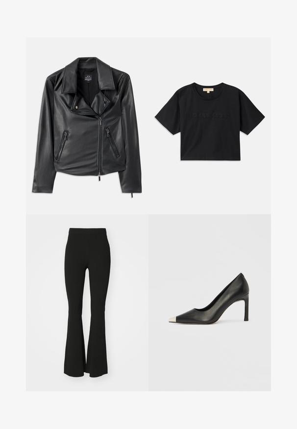 Čierna motocyklová bunda z faux kože so širokými klopami, asymetrickým predným zipsom a dvoma zipsovými vreckami. Hladká textúra, priliehavý strih.; Čierny skrátený tričko vyrobené z bavlny. Má okrúhly výstrih a krátke rukávy. "MICHAEL KORS" vyšitý v zodpovedajúcej farbe na prednej strane.; Čierne vyšívané nohavice vyrobené z elastického materiálu, s vysokým pásom a hladkým, nezdobeným povrchom. Jednoduchý a priliehavý dizajn.; Čierna kožená lodička s vysokým opätkom, špičkou a kovovou striebornou špičkou. Má hladký povrch a štíhly 10 cm opätok.