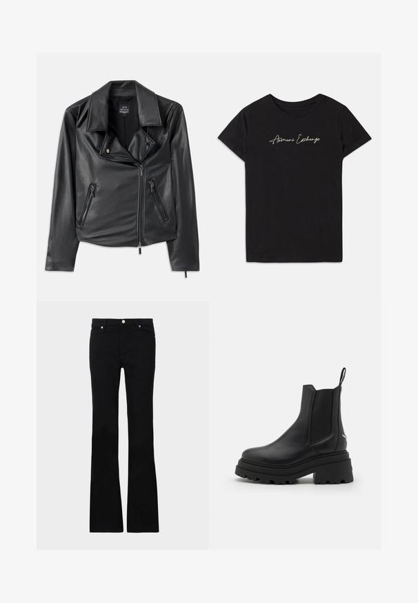Melna mākslīgās ādas motociklu jaka ar plašiem apmaliem, asimetrisku priekšējo rāvējslēdzēju un divām rāvējslēdzēju kabatām. Gluda tekstūra, pieguļoša forma.; Melnā kokvilnas t-kreklā ir īsas Piedurknes un apaļš kakls, rotāts ar zīmolu "Armani Exchange" kursīvos burtiem baltā krāsā.; Melni flared džinsi, izgatavoti no džinsa auduma, ar divām priekšējām kabatām, pogu aizdari un gludu tekstūru. Redzamā veikala šuvju rakstība.; Melnas Chelsea zābaki, kas izgatavoti no gludas ādas, ar elastīgām sānu daļām, biezu, rievotu gumijas zoli un vilkšanas cilpu aizmugurē.