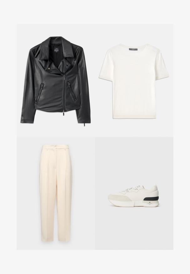 Svart faux skinn motorsykkeljakke med brede slag, asymmetrisk frontglidelås og to glidelåslommer. Glatt tekstur, tilpasset fasong.; Hvit kortermet strikket topp med rund hals, med en glatt tekstur og subtile ribbede detaljer på ermer og kant.; Beige skreddersydde bukser med rett passform, med folder foran, en glatt tekstur og midjehøyde. Ingen synlige lommer.; Hvite sneakers med en teksturert ser ut som en suede tåhette, glatt mesh-overdel, dekorative snørebånd og en svart gummihælaccent.