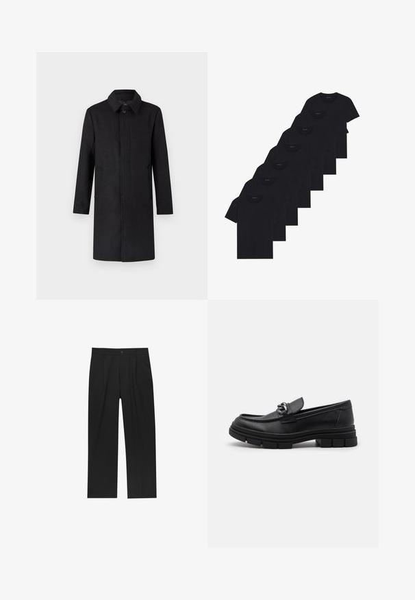 Zwart wollen jas met een reverskraag, lange mouwen en steekzakken aan de zijkant. Het ontwerp is recht gesneden en heeft een knoopsluiting aan de voorkant.; Set van acht zwarte katoenen T-shirts met korte mouwen en een ronde hals, met een eenvoudige uitstraling en een zachte textuur.; Zwarte broeken met een recht model, gemaakt van een gladde stof. Voorzien van een voorplooien en een enkele knoopsluiting bij de taille.; Zwarte leren instapper met een ronde neus, een decoratieve band en hardware, en een chunky, gestructureerde zool. Glad afwerking met subtiele details.
