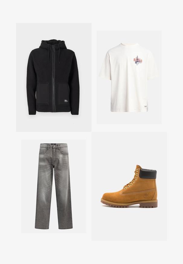 Schwarze Fleecejacke mit Kapuze, ausgestattet mit einem durchgehenden Reißverschluss, zwei Fronttaschen und strukturiertem Stoff für Wärme. Etikett an der unteren linken Seite.; Cremfarbendes Baumwoll-T-Shirt mit kurzen Ärmeln und Rundhalsausschnitt. Verfügt über einen grafischen Druck in Blau und Rot mit Text und Motiv.; Graue Denim-Jeans mit losem Schnitt, versehen mit Abnutzungs- und Verwaschungsdetails, klassischem Fünf-Taschen-Design und Knopfverschluss.; Beige Wildleder-Ankle-Boot mit schwarzem gepolstertem Kragen, goldenen Metallösen, weißen Nähdetalben und einer robusten Gummisohle mit ausgeprägtem Profil.
