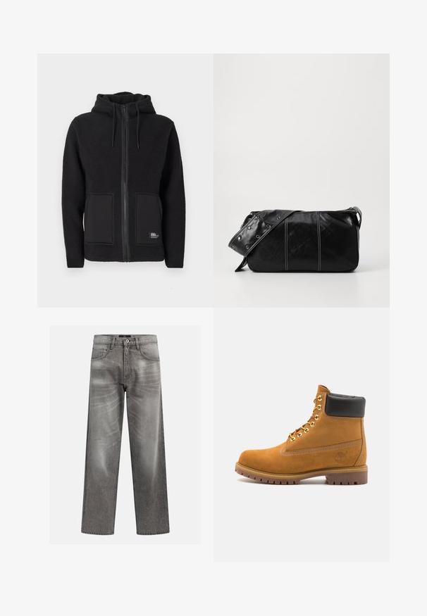 Svart fleecejakke med hette, som har full glidelås, to frontlommer og strukturert stoff for varme. Merke på nederste venstre side.; Kremfarget bomulls T-skjorte med korte ermer og rund hals. Har et grafisk trykk i blått og rødt med tekst og et motiv.; Grå denim jeans med løs passform, som har slitne og falmede detaljer, en klassisk fem-lommers design og en knappelukking.; Beige semskede ankelstøvel med svart polstret krage, gullmetalløyer, hvite sømdetaljer og robust gummisåle med påfallende mønster.; Svart lær skulderveske med glidelås, med teksturert overflate, hvite sømmer og en stropp med sølvringer.