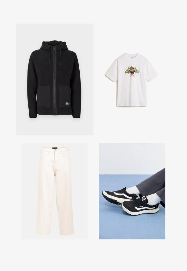 Zwarte fleecejas met capuchon, voorzien van een volledige rits, twee voorzakken en een gestructureerde stof voor warmte. Label aan de onderkant aan de linkerkant.; Vans GOOFY GHOUL - T-shirt print - white; Lichtbeige wijdvallende jeans van katoen denim met een hoge taille, vijfzakkenontwerp en een enkele sluiting met knoop aan de voorkant.; Zwarte sneakers met witte accenten, gemaakt van mesh en rubber, met een gestructureerde zool en hiel lip. Draagt met witte sokken en grijze broek.