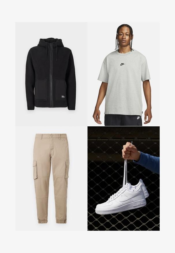 Jachetă din fleece neagră cu glugă, având un fermoar complet, două buzunare frontale și material texturat pentru confort termic. Etichetă pe partea stângă jos.; Tânăr cu părul împletit, îmbrăcat cu un tricou Nike gri deschis și pantaloni scurți Nike negri, pe un fundal alb simplu.; Pantaloni cargo bej dintr-un material din bumbac ușor. Au manșete elastice, mai multe buzunare laterale și închidere cu buton.; Adidași albaștri din piele cu perforații, vârf rotund, talpă plată și șireturi groase, cu un logo swoosh vizibil și cu inscripția "AIR" pe toc.