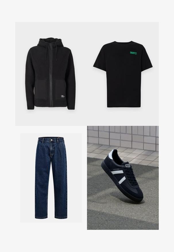 Giacca di pile nera con cappuccio, dotata di zip completa, due tasche frontali e tessuto strutturato per il calore. Etichetta nella parte inferiore sinistra.; T-shirt nera in cotone con maniche corte. Presenta un logo verde "ROOTS" sulla parte frontale, colletto rotondo e vestibilità standard.; Jeans in denim blu scuro con design a gamba dritta. Presentano cuciture visibili, una chiusura con bottone e pieghe frontali per un tocco di dettaglio in più.; Sneaker neri in pelle con strisce bianche, suola in gomma texturizzata e allacciatura frontale. Presenta un'etichetta con il marchio sulla linguetta.