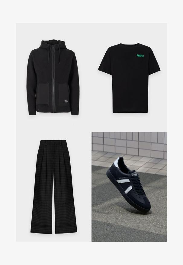 Black fleece jacket with a hood, featuring a full zipper, two front pockets, and textured fabric for warmth. Label on the bottom left side.; Black t-shirt made of cotton with short sleeves. Features a green "ROOTS" logo on the front, round neckline, and standard fit.; Black checkered wide-leg trousers with pleats, featuring a smooth texture and classic design. Lightweight fabric for comfort.; Black leather sneaker with white stripes, textured rubber sole, and lace-up front. Features a branded label on the tongue.