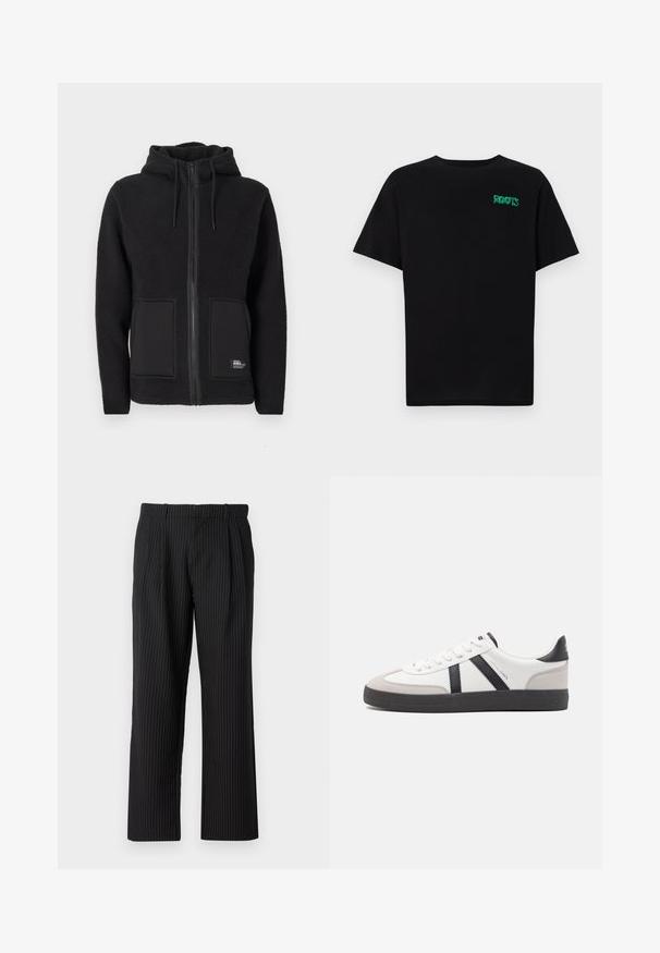 Svart fleecejacka med huva, med hel dragkedja, två framfickor och textilmaterial för värme. Märke på nedre vänstra sidan.; Svart t-shirt i bomull med korta ärmar. Har en grön "ROOTS" logotyp på framsidan, rund halsringning och standard passform.; Jack & Jones JPSTBILL JJDAYTONA WIDE - Tygbyxor - black; Vit sneaker med svarta och grå accenter, med en strukturerad grå tådel, svart gummisul, och platta vita skosnören. Ren design, minimalistisk stil.