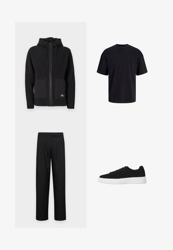 Black fleece jacket with a hood, featuring a full zipper, two front pockets, and textured fabric for warmth. Label on the bottom left side.; Black cotton t-shirt with a crew neckline, short sleeves, and a relaxed fit. Smooth texture and no visible patterns or accents.; Black trousers made of smooth fabric, featuring a straight-leg design, two front pleats, and standard waistband with belt loops.; Black suede sneaker with a rounded toe, lace-up front, and white rubber sole. Simple design with minimal accents and smooth texture.