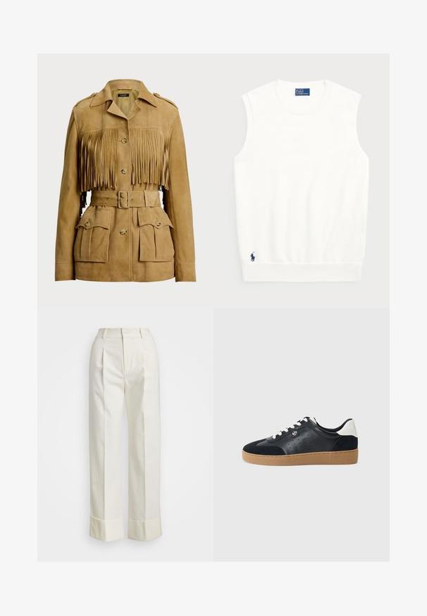 Karmelowa skórzana kurtka z frędzlami z przodu, zapięcie na guziki i regulowany pasek. Posiada wiele przednich kieszeni i epoletów na ramionach.; Biały bezrękawnik z gładkiej bawełny, z odstającym dołem i małym granatowym logo w lewym dolnym rogu. Prosty design, bez wzorów.; Białe spersonalizowane spodnie z wysokim stanem, podwójnymi fałdami z przodu oraz szerokimi nogawkami z założonymi mankietami. Wykonane z gładkiego, teksturowanego materiału.; Czarne skórzane i zamszowe sneakersy z jasnobrązową gumową podeszwą. Posiadają białe sznurowadła oraz małe perforacje po bokach. Obecne logo Michael Kors.