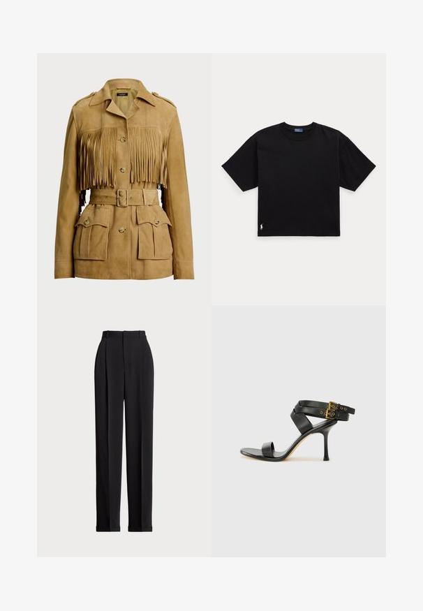 Sarkans zamšs jaka ar frizēta priekšpusi, pogu aizdari un regulējamu jostu. Iekļauj vairākas priekšējās kabatas un plecu epauletus.; Melnā kokvilnas t-krekls ar īsām piedurknēm, apaļu kaklu un mazu baltu logo apakšējā kreisajā stūrī. Klasisks, taisnstūrveida piegriezums ar minimālu detaļu skaitu.; Melnas piegriezuma bikses ar augstu jostasvietu, priekšā ar krokām, taisna kāju dizains un ar aprocēm. Izgatavotas no gludas auduma.; Melna augsta papēža sāndele ar krustotiem siksniņām un regulējamu sprādzi. Iespēlēts gluds tekstūra un pakāpenisks stiletto papēdis.