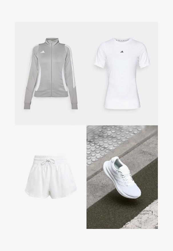 Grå idrettsjakke med høy krage, hvite sidelapper og tre striper på ermene. Den har hel glidelås foran og teksturert stoff.; Hvit idrettsskjorte med korte ermer, laget av glatt, elastisk stoff. Har en liten svart Adidas-logo på brystet.; Hvite sportsbukser med elastisk midje og justerbar snor. Laget av lett materiale, med sidelommer og løs passform.; Hvit atletisk sko med mesh-overdel, snørelukking og strukturert såle. Diskret merkevare og sømløse konstruksjonsdetaljer synlige.