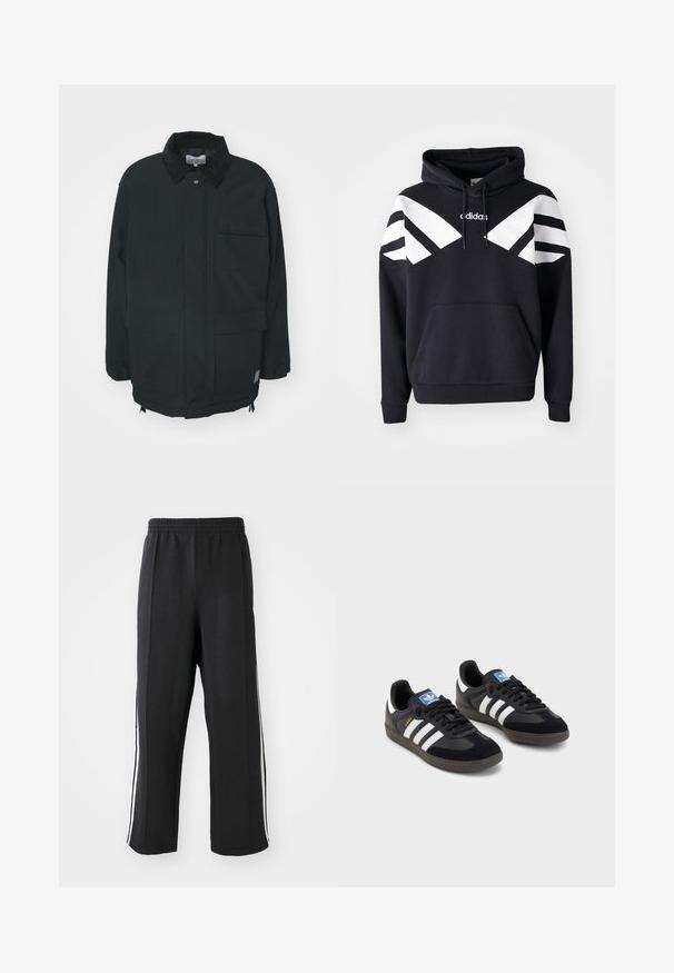 Carhartt WIP CLARTON COAT - Kort kappa / rock - black; Svart huvtröja med vita diagonala ränder över bröstet och ärmarna, ficka fram och logotyp på övre bröstet.; Svarta sweatpants med resår i midjan, med vita sidoränder och en avslappnad passform. Tillverkade av mjukt, stretchigt tyg.; Svarta sneakers med övre del av mocka och syntetmaterial, med tre vita ränder, texturerad gummisula och blå logotags på tungan.