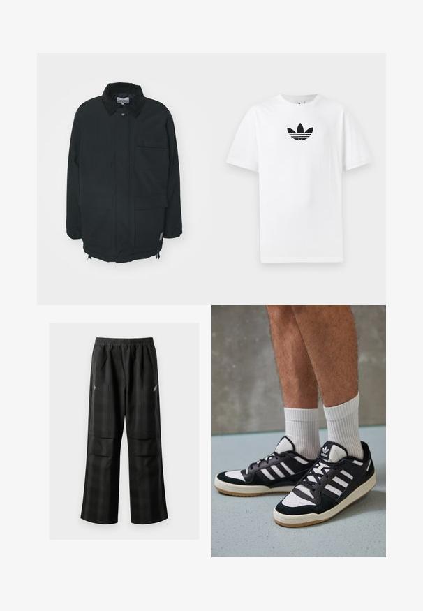 Carhartt WIP CLARTON COAT - Palton scurt - black; Tricou alb din bumbac, având un logo Adidas negru în centrul său. Mâneci scurte și un design cu gât rotund. Textură fină.; Pantaloni cu un model carourile negre, având talie elastică, două buzunare frontale și un croi lejer cu picioare drepte. Construiți dintr-un material ușor.; Adidași negri și albi cu un superior din suede și piele, prevăzuți cu trei dungi albe, un vârf perforat și o talpă din cauciuc caramel.