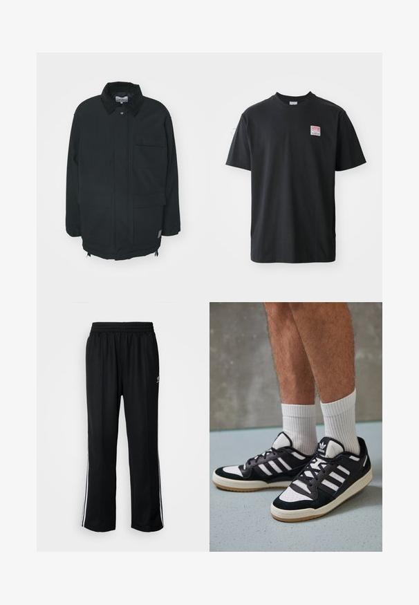 Carhartt WIP CLARTON COAT - Short coat - black; Black cotton t-shirt with a crew neck, short sleeves, and a small colored label on the left chest featuring the word "SUPERIOR."; Black athletic pants with an elastic waistband, featuring white side stripes and a small logo. Material appears soft and lightweight.; Black and white sneakers with a suede and leather upper, featuring three white stripes, a perforated toe, and a gum rubber sole.