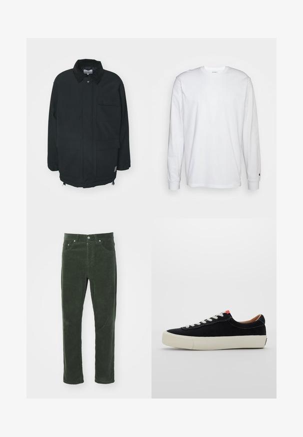 Carhartt WIP CLARTON COAT - Korte frakker - black; Hvid langærmet T-shirt lavet af bomuld. Rund halsudskæring med ribbede manchetter og et lille logo på venstre ærme. Glat tekstur.; Grønne fløjlsbukser med lige ben-design, som har fem lommer, metal knaplukning og tekstureret ribbet overflade.; Sort stof sneaker med hvide snørebånd, beige gummisål og rød accent ved hælen. Rundt tåparti og minimal syning.