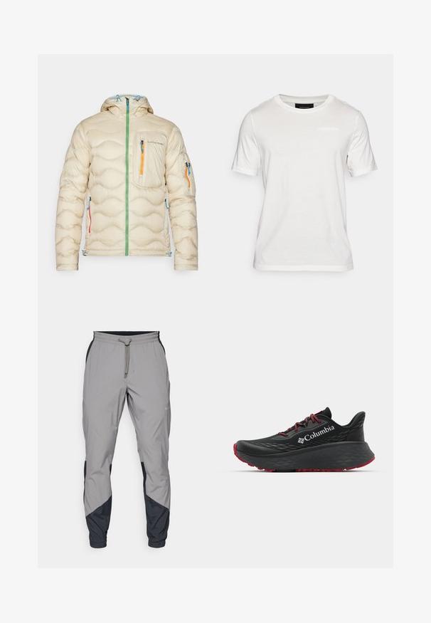 Cream puffer jacket with hood, quilted design, green zipper, three pockets with colored zippers (blue, orange, red) and adjustable hem.; White short-sleeve t-shirt made of soft fabric. Features a round neckline and a subtle branding detail in the center front.; Lightweight, gray athletic pants with black accents. Elastic waistband, drawstring closure, tapered leg design, and side pockets.; Black athletic shoe with textured upper, red laces, and logo. Thick sole with patterned tread for traction. Minimalist design, side view.