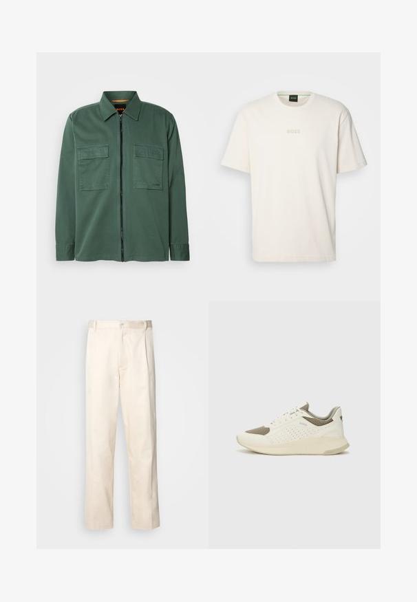 Jachetă verde cu fermoar, confecționată dintr-un material neted, având un guler ascuțit, două buzunare pe piept și un logo subtil aproape de tiv.; BOSS TEE - Tricou basic - open white; Pantaloni din bumbac bej, cu croială dreaptă, dotati cu închidere cu nasture și pliuri în față pentru un plus de detaliu.; Tenis sportivi alb și bej deschis, cu un înveliș din plasă, detalii perforate și o talpă intermediară texturată, având marcaj pe călcâi.