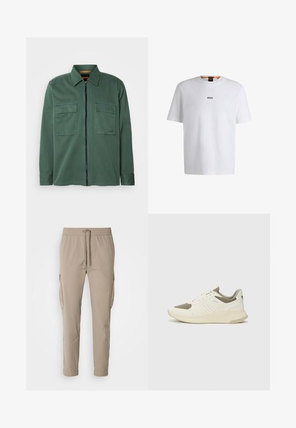 Roheline tõmblukuga jakk, mis on valmistatud siledast kangast, sisaldab teravat kraed, kahte rinna taskut ja diskreetset logo äärtes.; Valge puuvillane T-särk lühikeste varrukatega, millel on must "BOSS" logo, mis on keskendatud rinnale, ja ümmargune kaelaava disain.; Beige cargo püksid elastse vöökohtaga ja nööriga. Omab küljetaskuid ja kitsenevat sääre disaini, valmistatud kergest kangast.; Valge ja heledat beeži värvi spordijalats, millel on õhuke võrkmaterjal, perforatsioonidega detailid ning tekstuuriga vahetald, millel on brändi logo kannaosas.