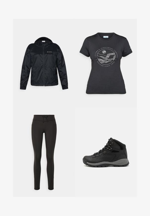 Svart Columbia-jakke med hel glidelås, hette og elastiske mansjetter. Har et glatt, lett stoff med en matt finish.; Svart Columbia t-skjorte med hvit sirkulær fjell- og elvlinjekunst og tekst "Columbia Sportswear Company Outside Since 1938."; Svarte leggings med høy midje, snøring, glatt tekstur og tettsittende design. Har søm detaljer langs sidene.; Sorte turstøvler med mid-topp design, som har en teksturert overdel, grå detaljer og slitesterk gummisåle med godt grep.