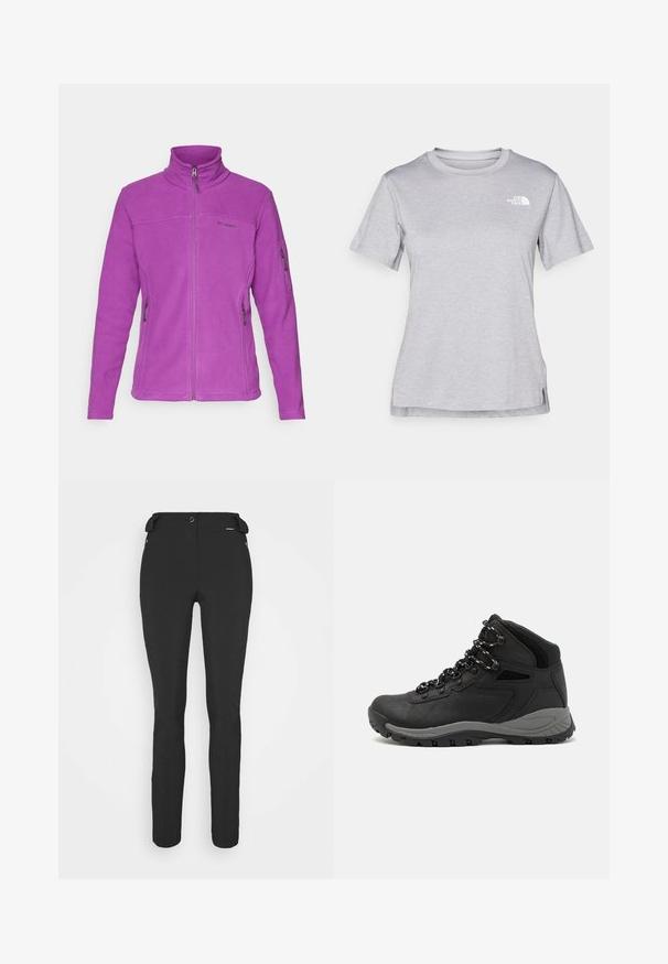 Lillasest flleece jakk, pikkade varrukatega, kõrge kaelusega, täispikkade lukuga ees ja kahe lukuga küljetaskuga. Rinnal on logo.; Hall juppuvarrega, pehmeast, niiskust eemaletõukavast kangast lühikeste varrukatega hall T-särk. Omab ümarat kaelust ning väikest valget logo vasakul ülal.; Mustad, hästi istuvad püksid, mis on valmistatud paindlikust materjalist. Omadusteks on lukuga küljetasku, artikeeritud põlved ja sile pind.; Mustarjaline matkasaabas, millel on keskmine disain, tekstuuriga ülemine osa, hallid aktsendid ja vastupidav kummist põhi, millel on haardelugesid.