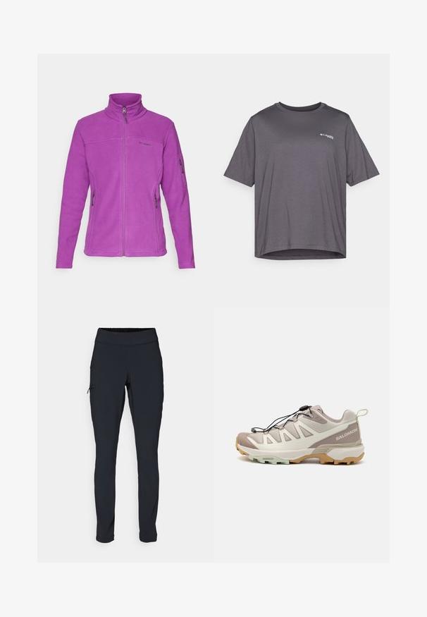 Violetti fleece-takki pitkilla hihoilla, korkea kaulus, täysipitkä vetoketju ja kaksi vetoketjullista sivutaskua. Rinnassa logo.; Harmaa t-paita lyhyillä hihoilla, joka on valmistettu sileästä kankaasta. Tehosteena pyöreä pääntie ja pieni logo tulostettuna rintaan.; Musta urheiluhousut slim fit -mallilla, joustavalla vyötärönauhalla ja sivutaskulla, jossa on vetoketju. Sujuva, venyvä kangas, jossa on minimaalinen sauma.; Kevyt polkujuoksukenkä, jossa on beige ja harmaa verkko-yläosa, mustat nauhat ja joustava kumipohja vaaleanruskeana ja mintunvihreänä. Huomaamaton brändäys läsnä.