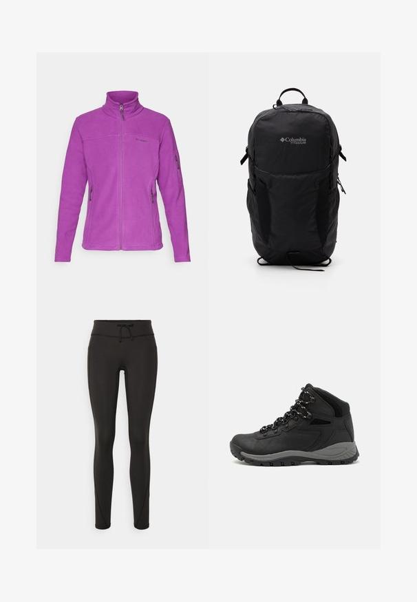 Fialová fleecová bunda s dlhými rukávmi, vysokým golierom, plným predným zipsom a dvoma zipsovými bočnými vreckami. Na hrudi je umiestnené logo.; Čierne tričko Columbia s bielou kruhovou grafikou hory a rieky a textom "Columbia Sportswear Company vonku od roku 1938."; Čierne legíny s vysokým pásom, so šnúrkou na stiahnutie, hladkou textúrou a priliehavým strihom. Obsahujú švy po stranách.; Čierna turistická obuv s polovičným strihom, s textúrovaným zvrškom, šedými akcentmi a odolnou gumovou podrážkou s protišmykovými hrebienkami.; Čierny batoh Columbia Titanium s hladkou textúrou látky, bočnými vreckami, hornou rukoväťou a nastaviteľnými popruhmi. Minimalistický dizajn s nenápadným brandingom.