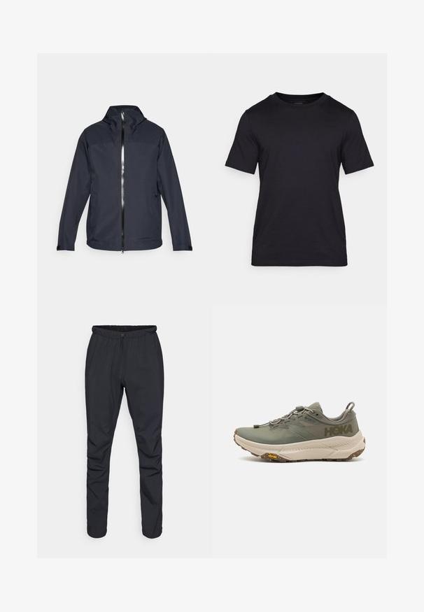 Dunkelblaue, leichte Jacke mit hohem Kragen, durchgehendem Reißverschluss und zwei seitlichen Taschen. Besitzt einen glatten Stoff und verstellbare Ärmelsäume.; Schwarzes T-Shirt aus glattem Stoff mit Rundhalsausschnitt und kurzen Ärmeln. Dezente Markenlogo-Druck in Schwarz auf der Brust.; Schwarze leichte Hose mit elastischem Bund, Kordelzug und schmal zulaufendem Bein. Hergestellt aus wasserabweisendem Material mit glatter Textur.; Grüner Hoka-Laufschuh mit Gore-Tex-Obermaterial, strukturierten Akzenten, elastischen Schnürsenkeln und dicker beiger Sohle mit Vibram-Logo.