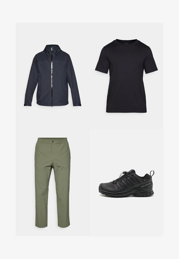 Ciemnoniebieska, lekka kurtka z wysokim kołnierzem, pełnym zamkiem z przodu i dwoma bocznymi kieszeniami. Wykonana z gładkiego materiału, posiada regulowane mankiety.; Czarna koszulka z gładkiej tkaniny, z okrągłym dekoltem i krótkimi rękawami. Dyskretne logo wydrukowane na czerni na klatce piersiowej.; Spodnie w oliwkowym kolorze wykonane z lekkiego materiału, z elastycznym paskiem w talii, zapięciem na guzik oraz prostymi nogawkami bez widocznych wzorów.; Czarny but sportowy z teksturowanym syntetycznym wierzchem, amortyzowaną podeszwą i systemem szybkiego sznurowania. Posiada wzmocniony nos i piętę.