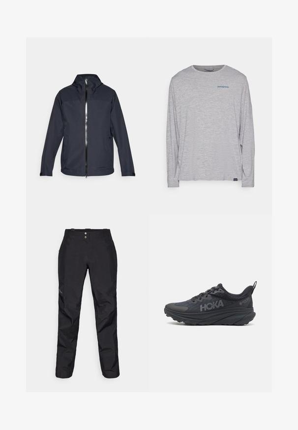 Dunkelblaue, leichte Jacke mit hohem Kragen, durchgehendem Reißverschluss und zwei seitlichen Taschen. Besitzt einen glatten Stoff und verstellbare Ärmelsäume.; Hellgraues Langarm-T-Shirt aus weichem, strukturiertem Stoff. Verfügt über einen Rundhalsausschnitt und ein kleines blaues Patagonia-Logo auf der Brust.; Schwarze wasserdichte Hose mit glatter Textur, ausgestattet mit zwei vorderen Knöpfen und schmal zulaufendem Bein-Design. Mit einem Logo an der Seite akzentuiert.; Schwarzer Hoka-Laufschuh mit einem Obermaterial aus Netzgewebe, strukturierten Details und einer dicken, gepolsterten Sohle mit verjüngten Kanten für verbesserten Halt.