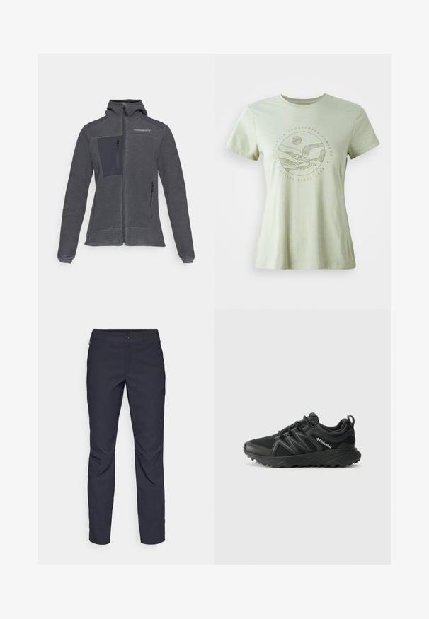 Siva flis jakna sa prednjim patentnim zatvaračem. Ima teksturirano tijelo, glatke tkaninske naglaske i džepove sa patentnim zatvaračem. Dizajn s kapuljačom.; Svijetlozelena majica kratkih rukava s kružnom grafikom u bež boji, koja prikazuje planine, rijeku i sunce. Mekana tkanina s okruglim izrezom.; Pantalone tamnoplave boje od glatkog materijala, s prednjim kopčanjem na dugme, uskim krojem i pregibima na koljenima.; Columbia PEAKFREAK - Obuća za pješačenje - black