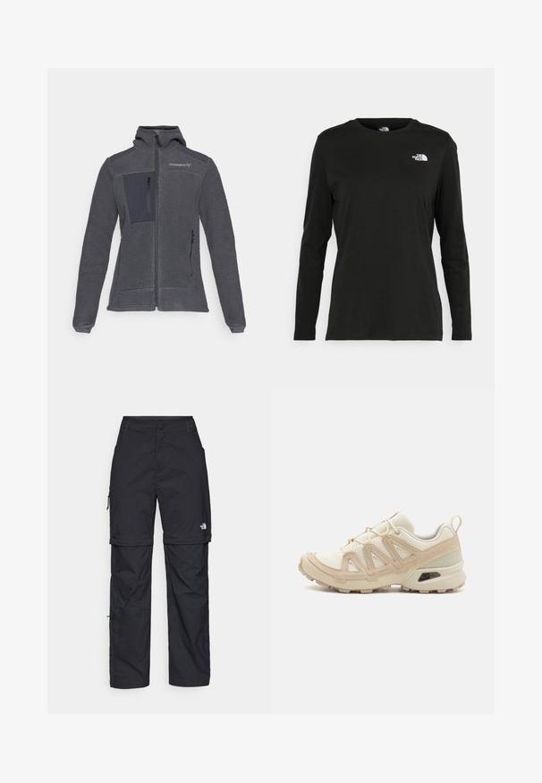 Casaco de polar cinza com fecho éclair à frente. Apresenta um corpo texturizado, detalhes em tecido liso e bolsos com fecho éclair. Design com capuz.; T-shirt preto de mangas longas, feito de algodão, com decote redondo. Apresenta um pequeno logótipo branco na área esquerda do peito. Design simples e ajuste confortável.; Calças cargo pretas em nylon com fechos de correr removíveis, punhos ajustáveis, múltiplos bolsos e um logótipo na perna direita. Textura suave e leve.; Sapatilha atlética beige e creme com parte superior em malha texturizada, sobreposições de suporte e sola de borracha com um padrão de cravo para tração.