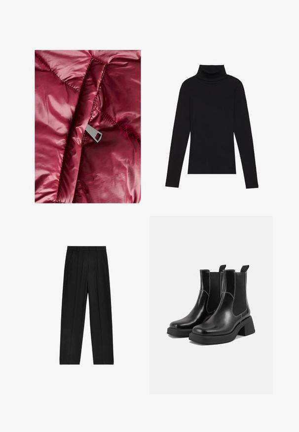 Bordeaux pufferjack met een gladde, glanzende buitenkant, gequiltte secties en een metalen rits met een rechthoekige uitsparing.; Zwarte turtleneck met lange mouwen, gemaakt van ribbelstof, heeft een aansluitend ontwerp met een hoge hals en geen patronen of accenten.; Zwarte, high-waisted broek met een rechte pijp design, voorzien van plooien en zijzakken, gemaakt van een lichtgewicht stof.; Zwarte leren Chelsea-boots met een chunky hak, elastische zijpanelen en contrasterende witte stiksels. Gestructureerde afwerking.